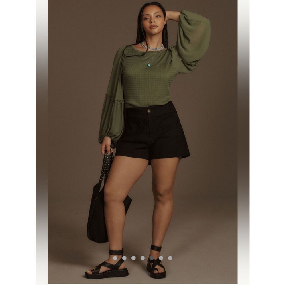 Anthropologie Olive Green Balloon-Sleeve Smocked Top - Picture 5 of 7
